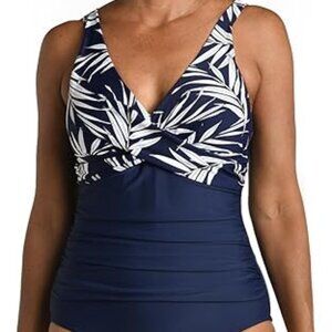 Maxine of Hollywood One Piece Wrap Front Maillot NWT Indigo Gold Foil Size 14